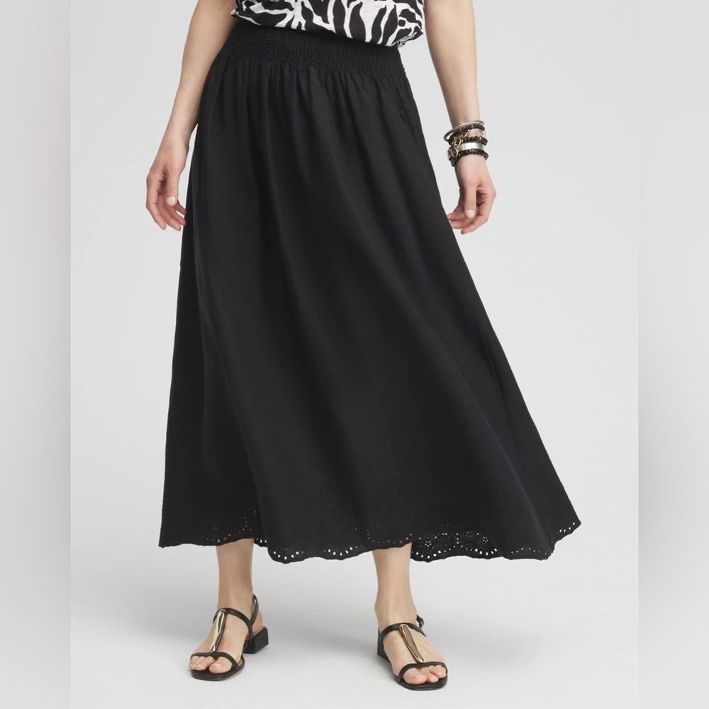 Chico’s Linen Embroidered Scallop Hem Skirt SZ 2.5 US 14 Elastic Waist Black